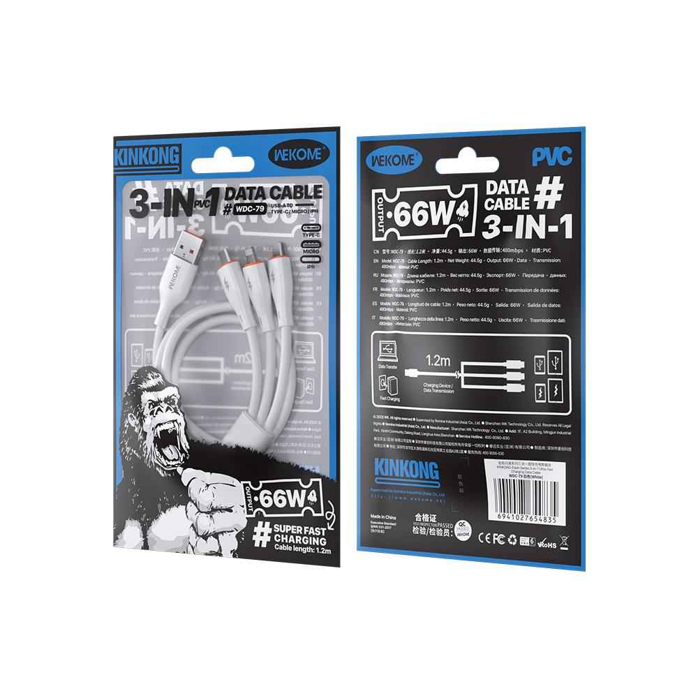 Uniqbuy For WK WDC-79 3 in 1 Kinkong Flash Series 1.2m 66W PVC Fast Charging Data Cable, Interface:USB to Type-C+8 Pin+Micro(White)
