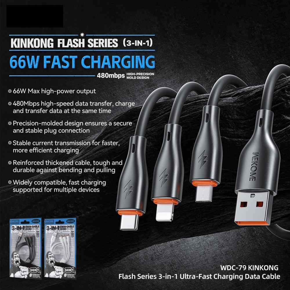 Uniqbuy For WK WDC-79 3 in 1 Kinkong Flash Series 1.2m 66W PVC Fast Charging Data Cable, Interface:USB to Type-C+8 Pin+Micro(White)