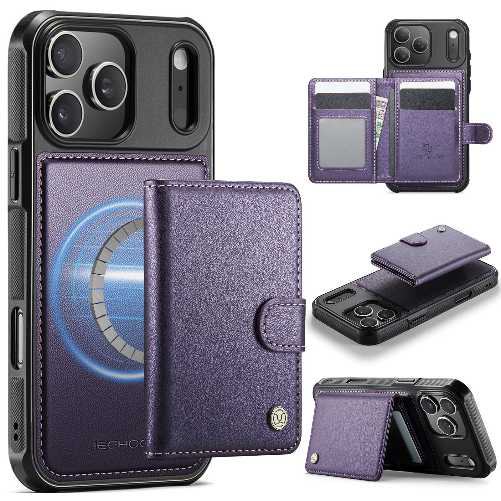Compatible with iPhone 18 Pro JEEHOOD J09 Buckle Card Bag MagSafe Magnetic Style RFID Leather Phone Case - Purple