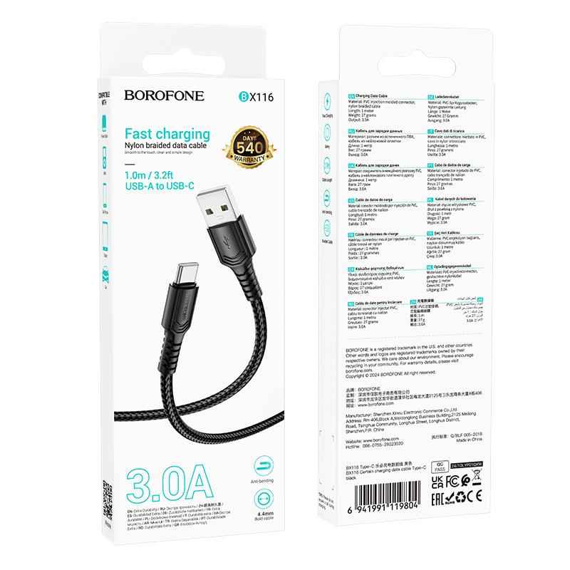 Uniqbuy For BOROFONE BX116 1m 3A USB to Type-C Certain Charging Data Cable(Black)