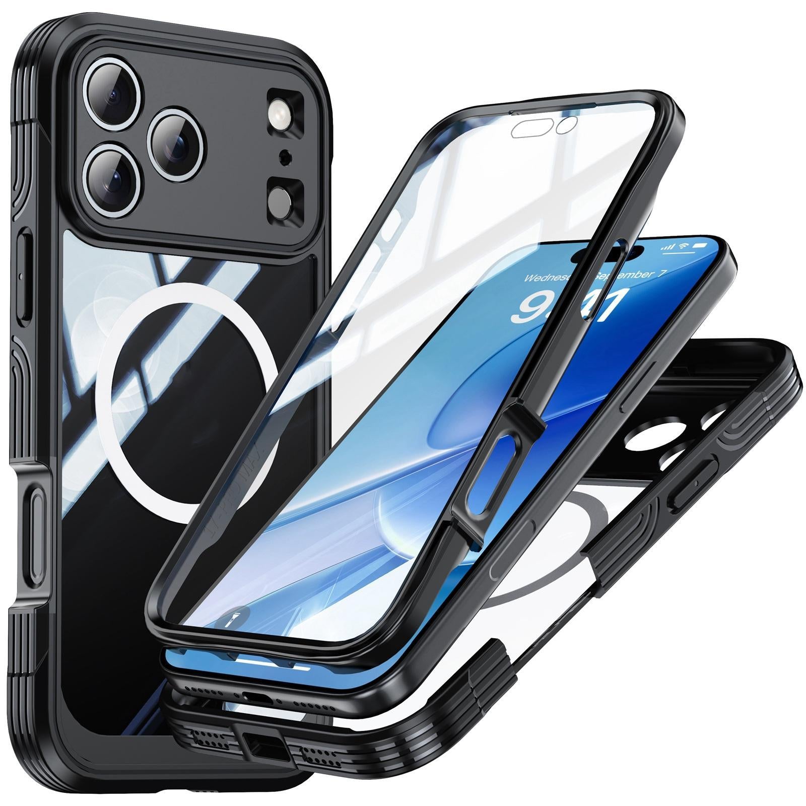Compatible with iPhone 18 Pro Life Waterproof MagSafe Magnetic Rugged Phone Case - Black
