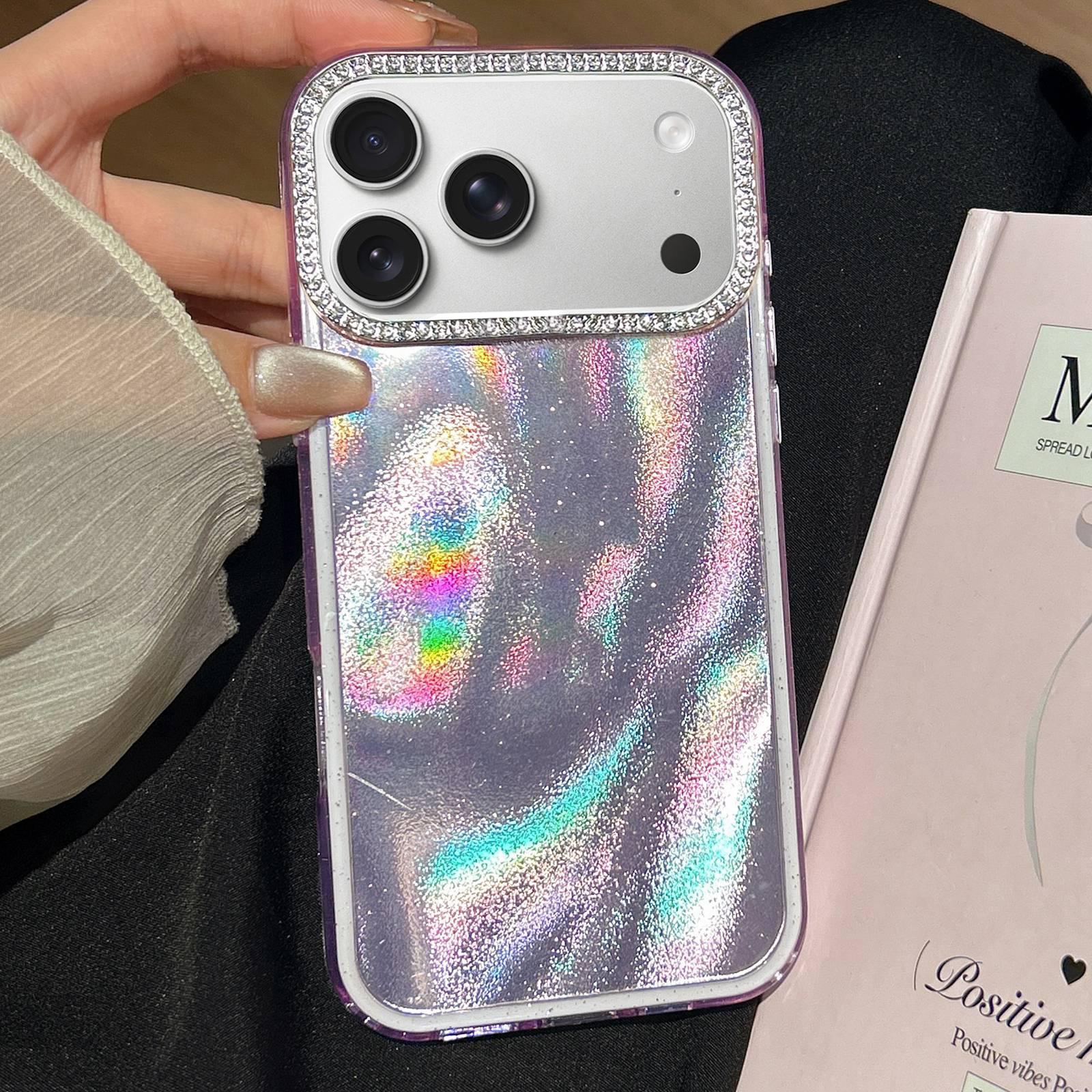 Compatible with iPhone 18 Pro & 17 Pro 3 in 1 Diamond Lens Frame Quicksand Pattern Phone Case - Purple