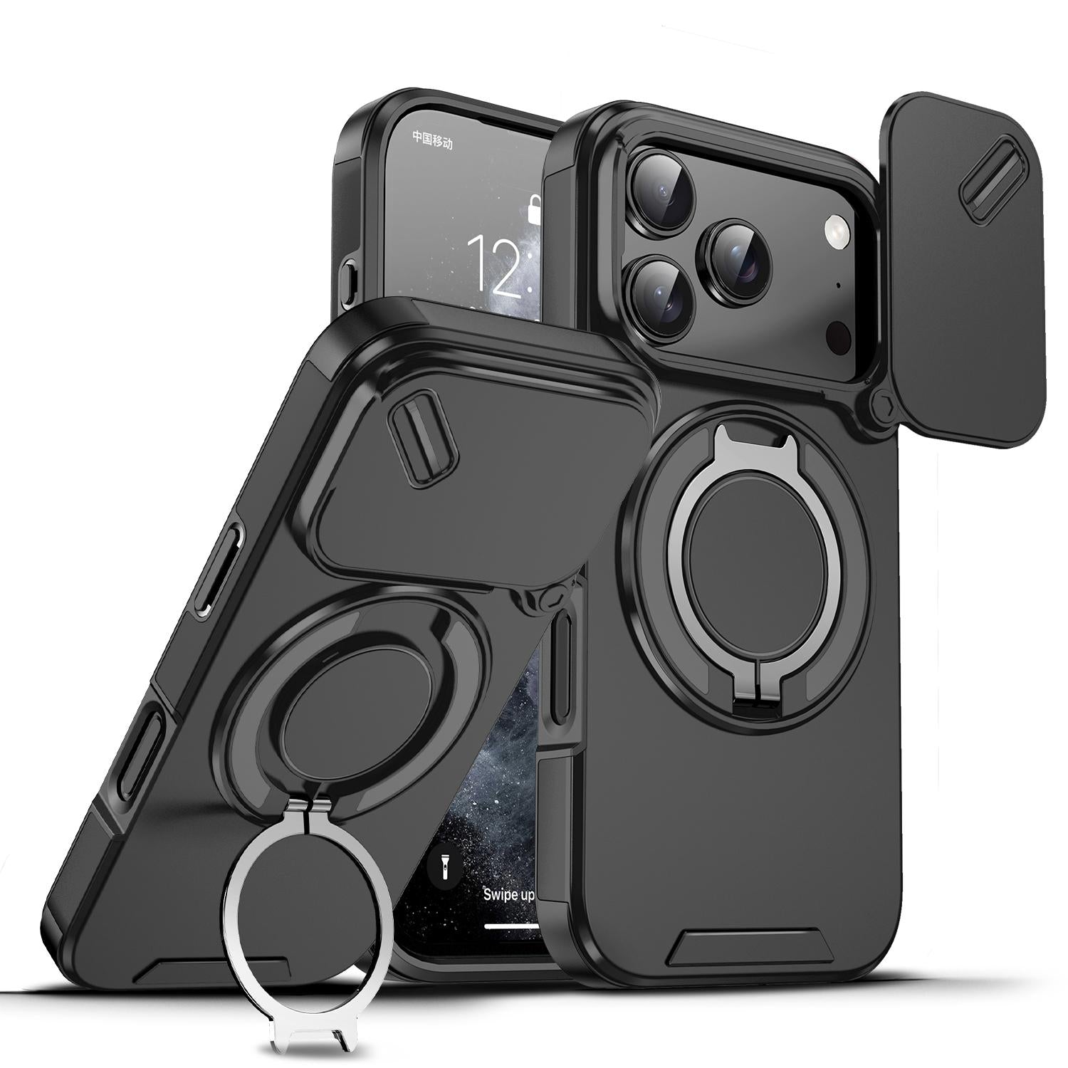 Compatible with iPhone 18 Pro Sliding Camshield Ring Holder Phone Case - Black