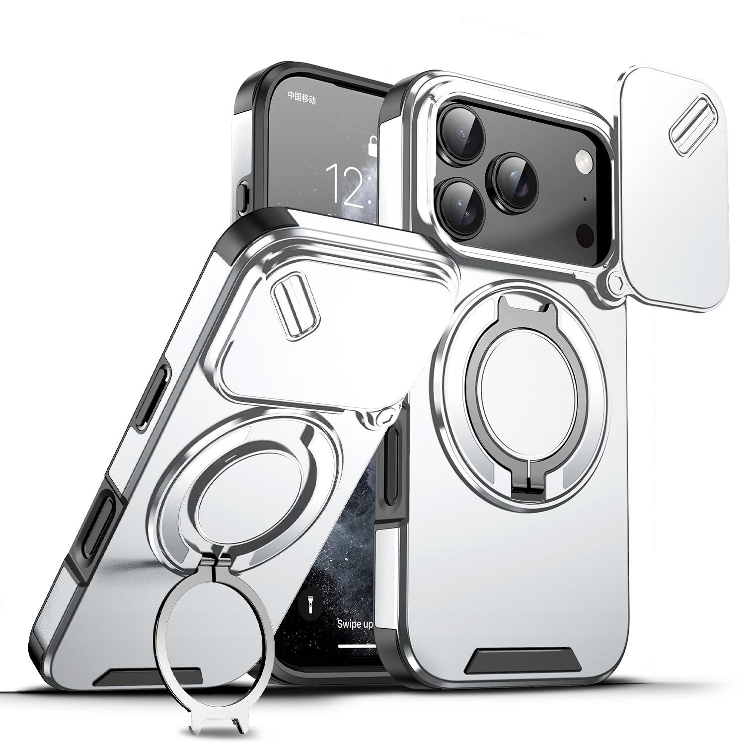 Compatible with iPhone 18 Pro Sliding Camshield Ring Holder Phone Case - Silver