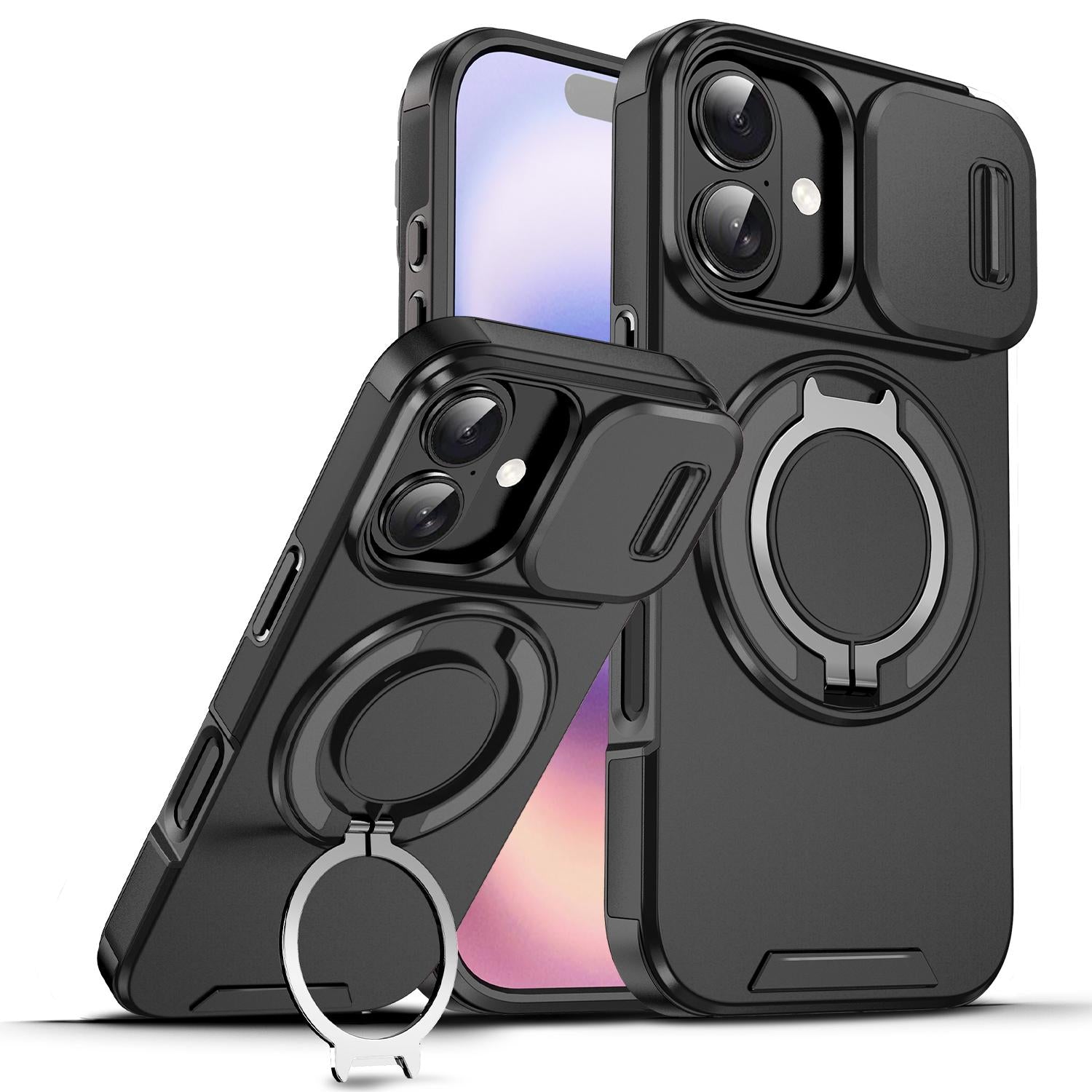 Compatible with iPhone 18 Sliding Camshield Ring Holder Phone Case - Black