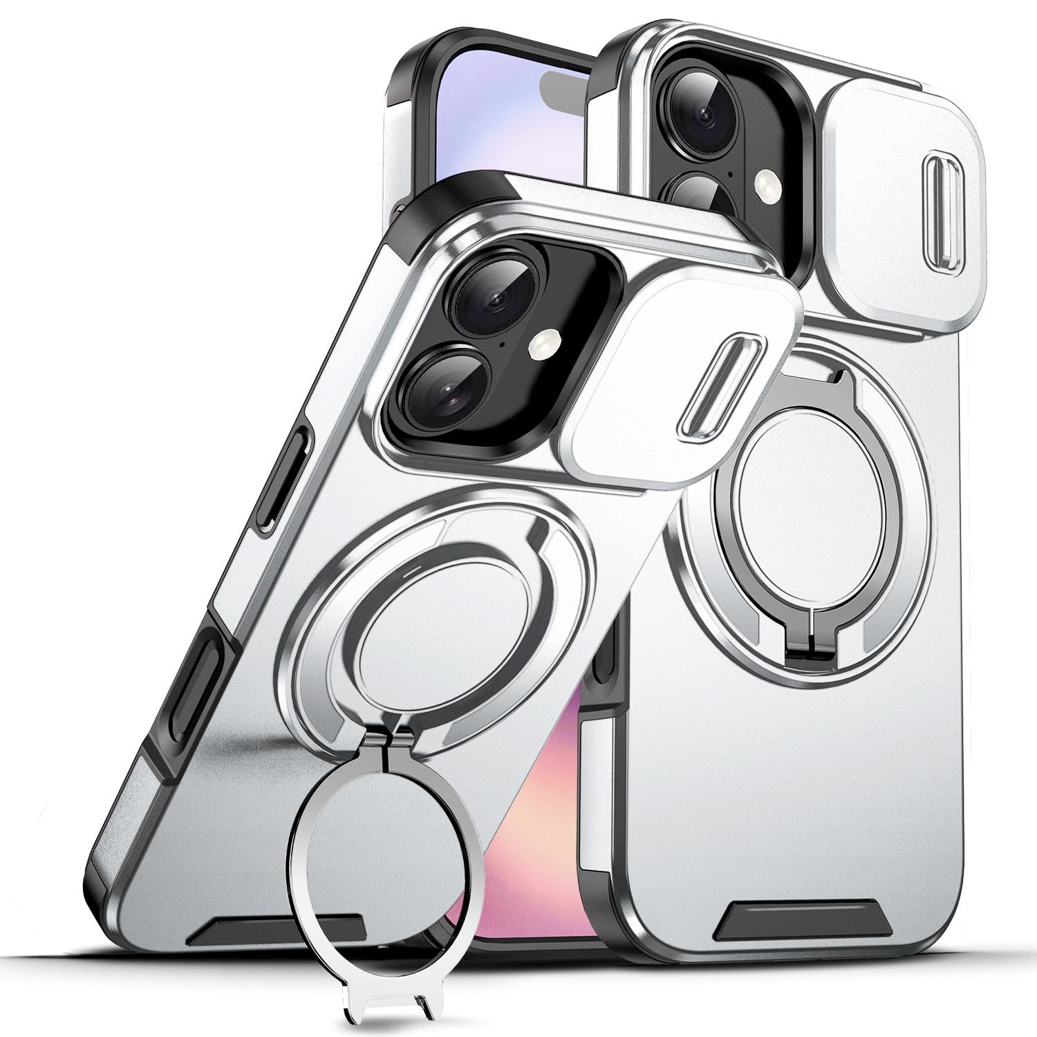 Compatible with iPhone 18 Sliding Camshield Ring Holder Phone Case - Silver