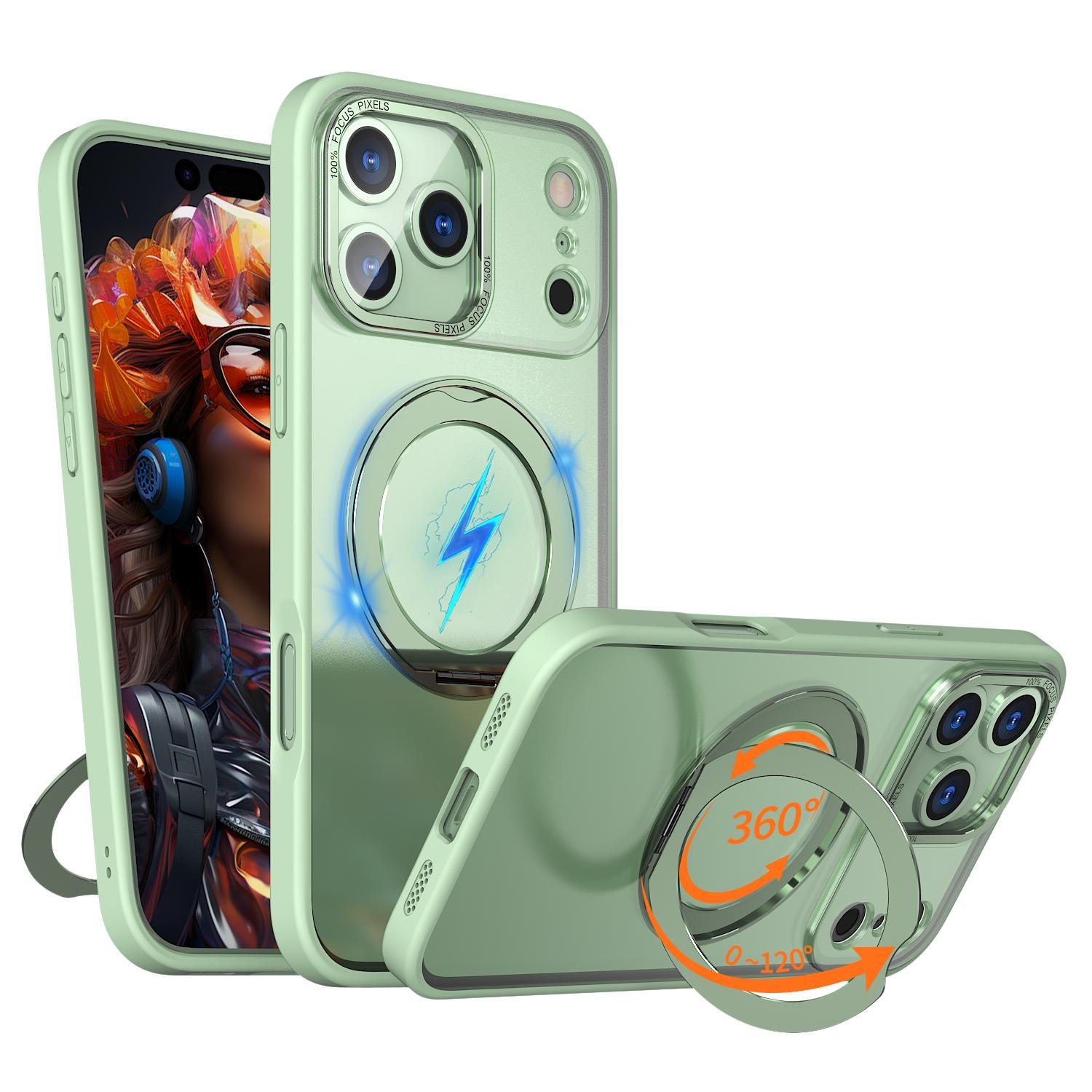 Compatible with iPhone 18 Pro kalebol MagSafe Metal Ring Holder Phone Case - Avocado Green