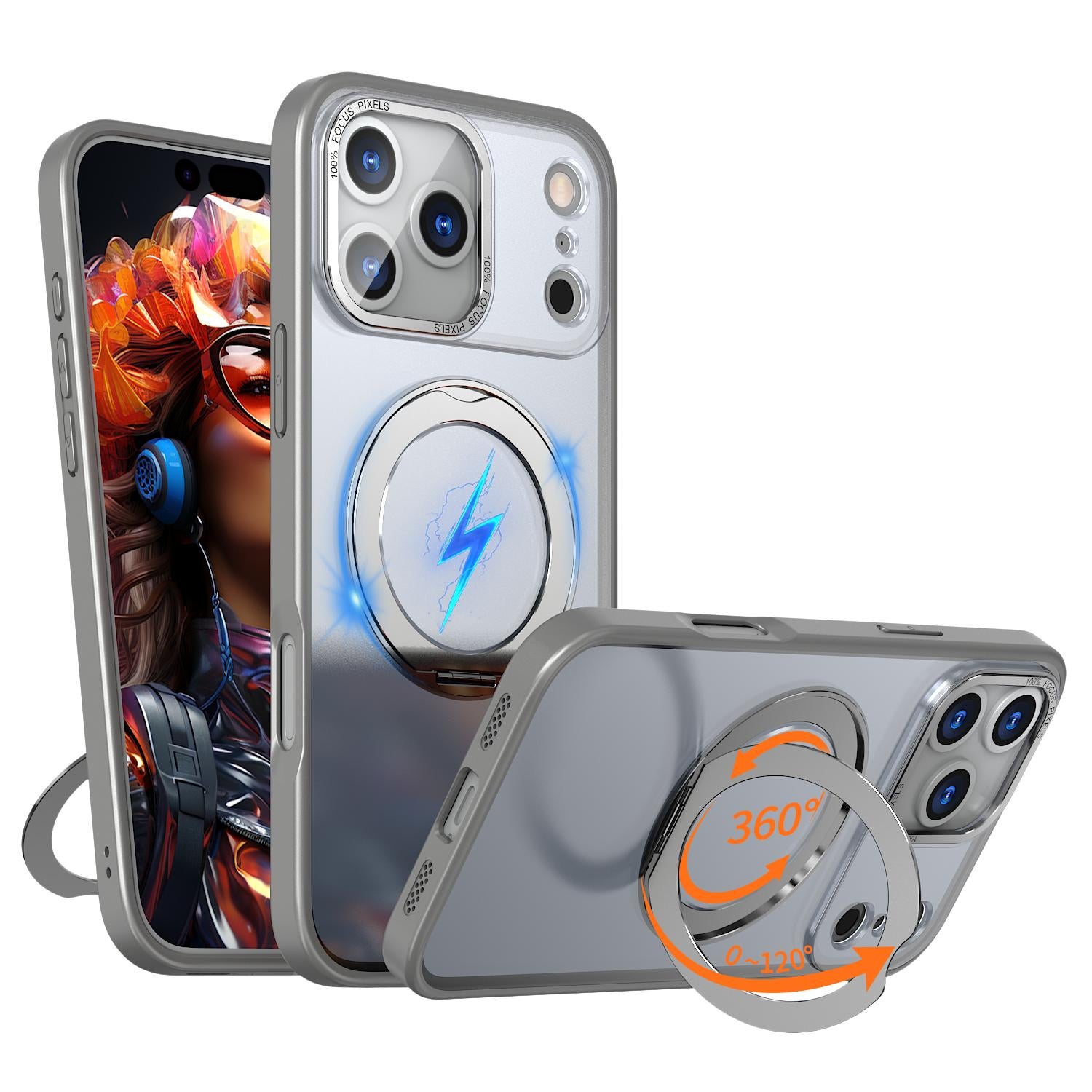 Compatible with iPhone 18 Pro kalebol MagSafe Metal Ring Holder Phone Case - Titanium Gray