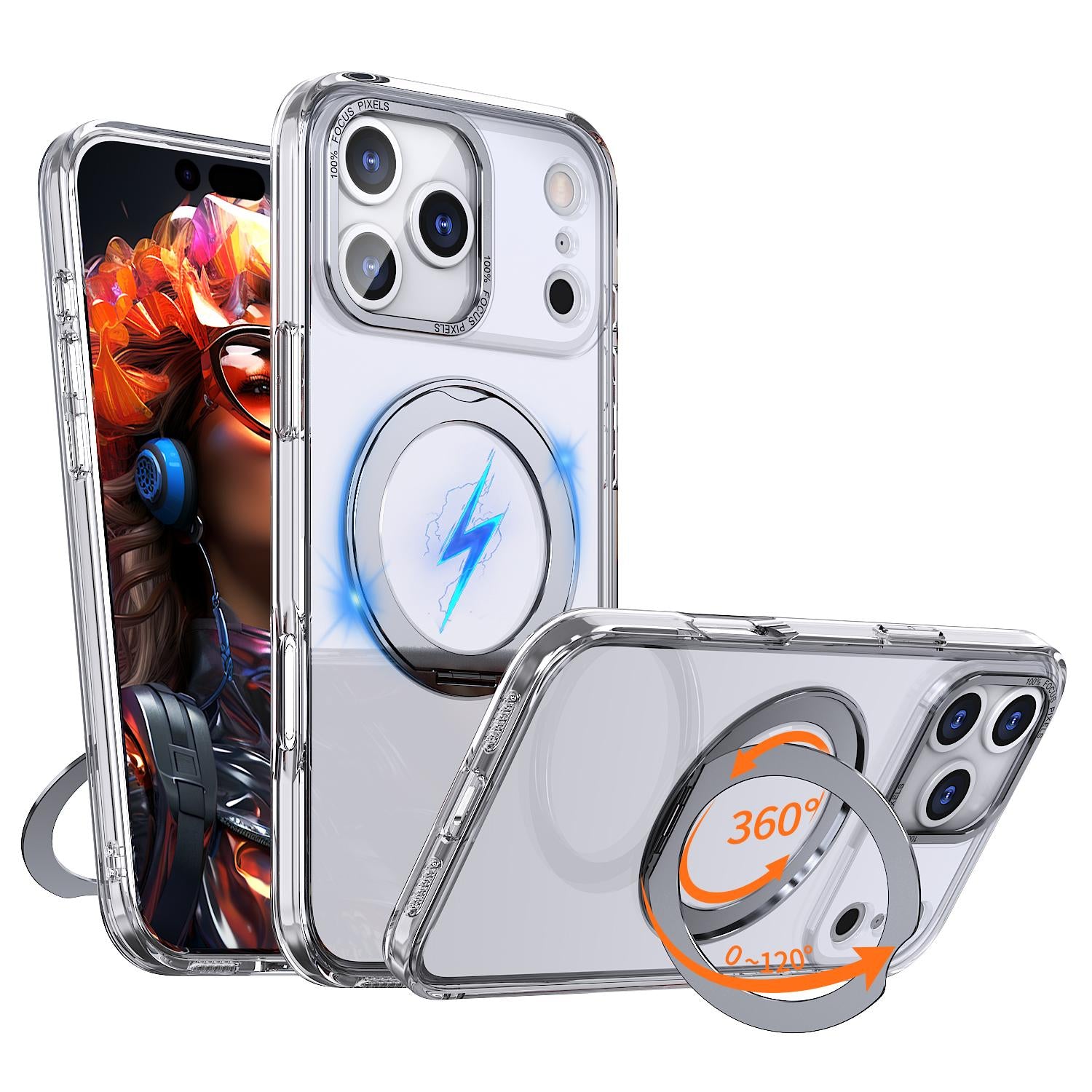 Compatible with iPhone 18 Pro kalebol MagSafe Metal Ring Holder Phone Case - Transparent