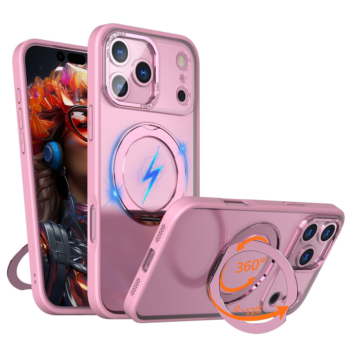 Compatible with iPhone 18 Pro kalebol MagSafe Metal Ring Holder Phone Case - Pink