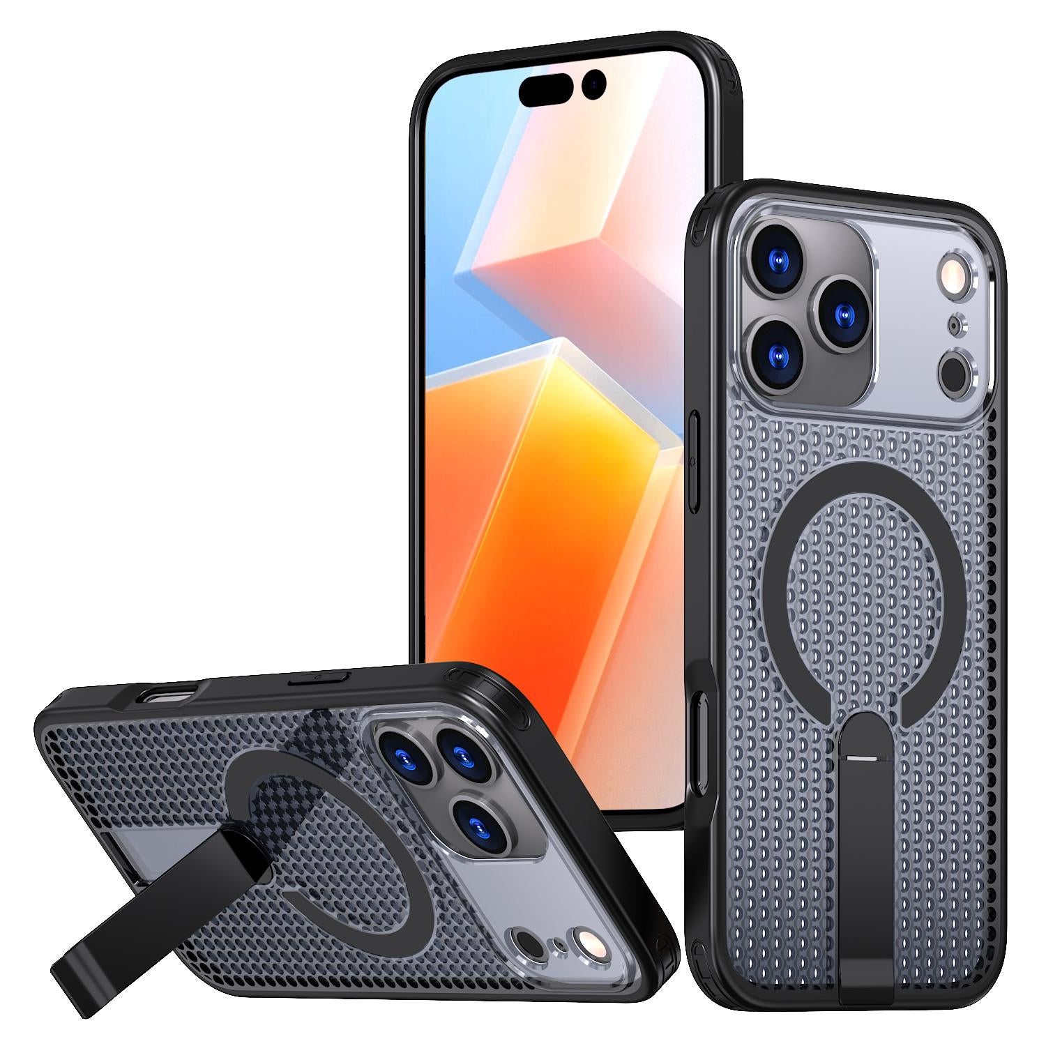 Compatible with iPhone 18 Pro kalebol Honeycomb Cooling MagSafe Holder Phone Case - Black