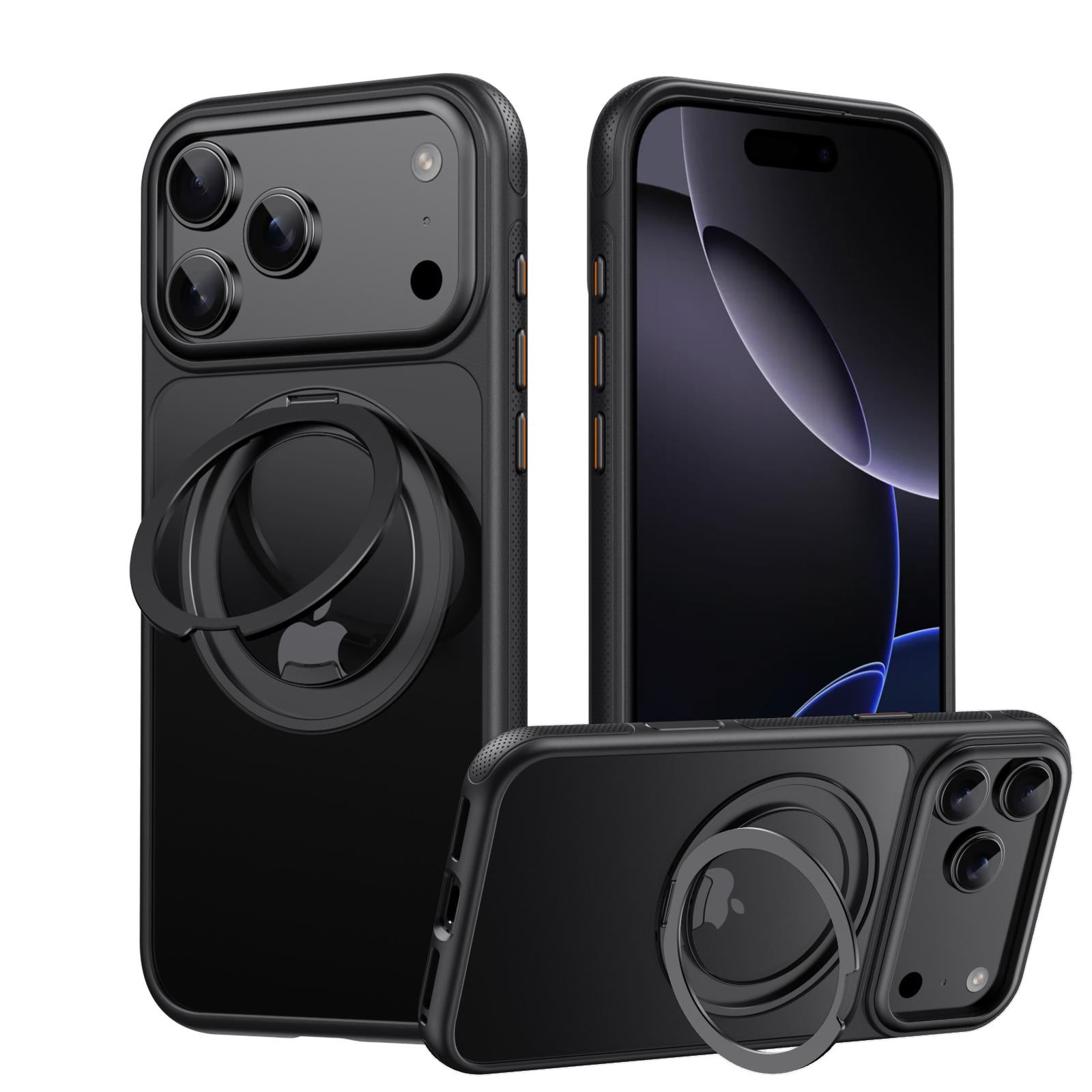 Compatible with iPhone 18 Pro Gear-Style Stress Relief 360 Rotation Holder MagSafe Phone Case - Black