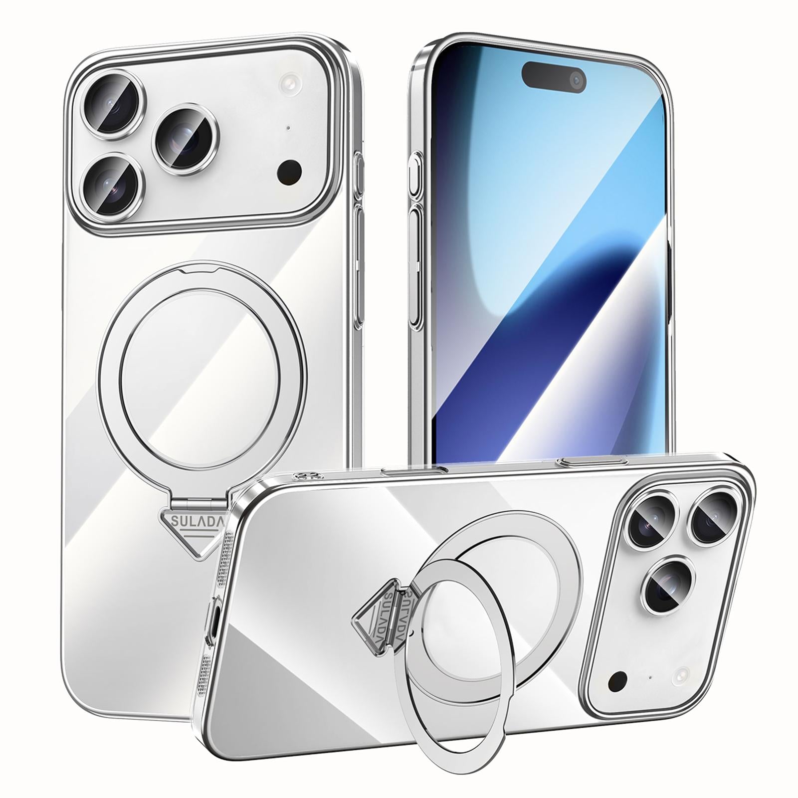 Compatible with iPhone 18 Pro SULADA Electroplated Transparent MagSafe Holder Phone Case - Silver