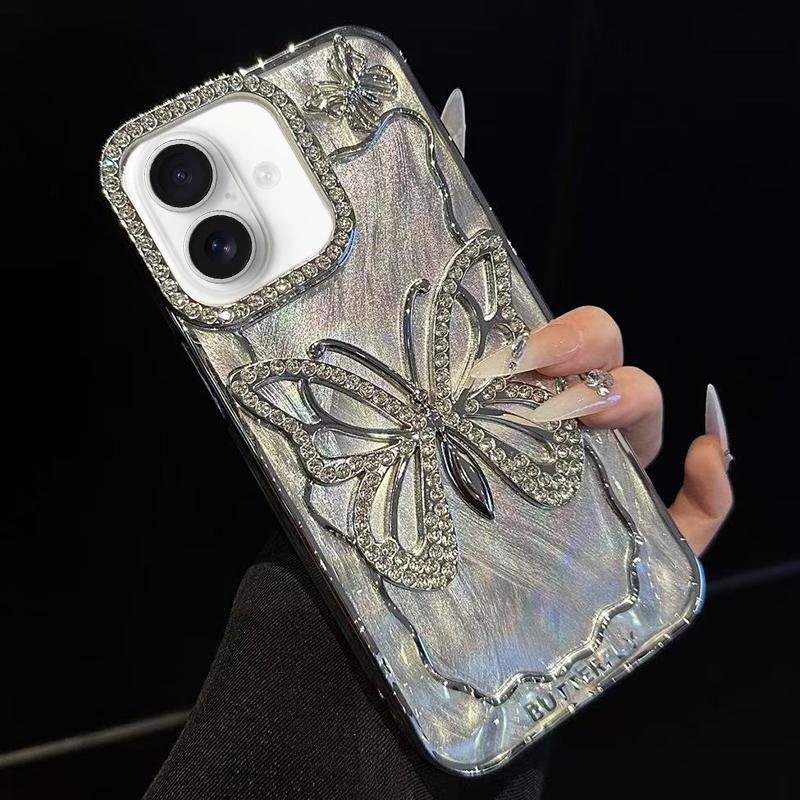 Compatible with iPhone 18 Butterfly Electroplating TPU Phone Case with Epoxy Cardboard - Silver