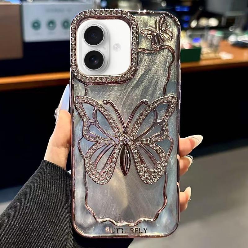 Compatible with iPhone 18 Butterfly Electroplating TPU Phone Case with Epoxy Cardboard - Rose Gold