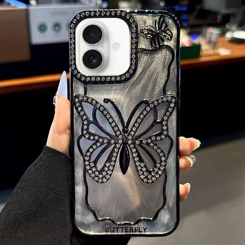 Compatible with iPhone 18 Butterfly Electroplating TPU Phone Case with Epoxy Cardboard - Black