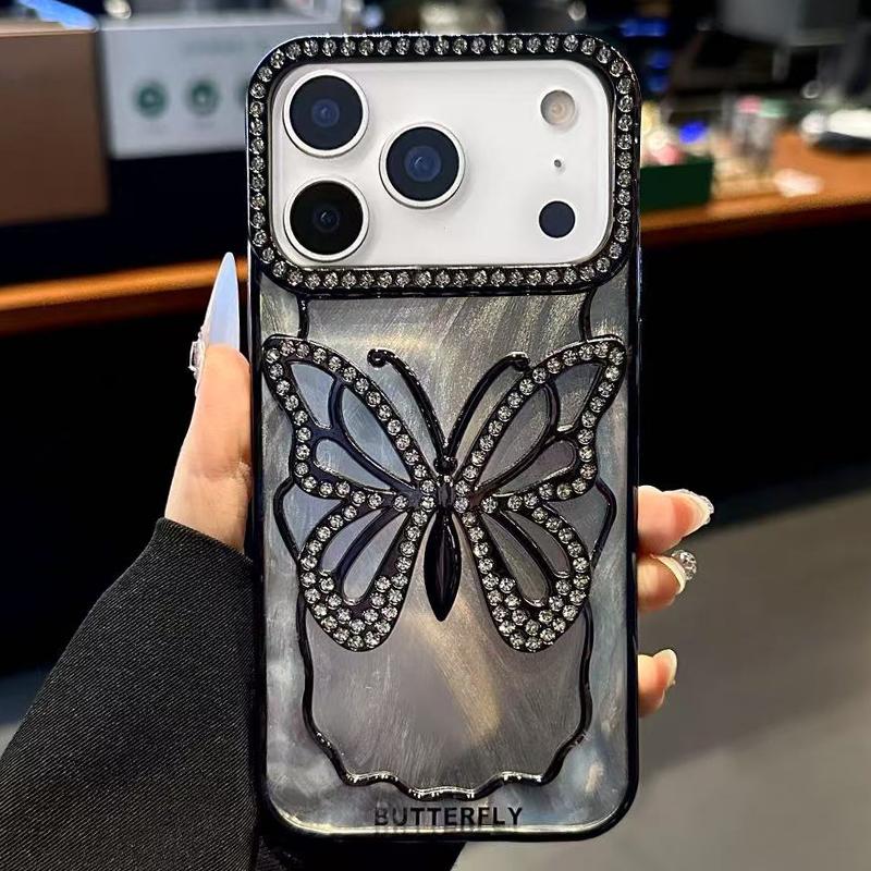 Compatible with iPhone 18 Pro Butterfly Electroplating TPU Phone Case with Epoxy Cardboard - Black