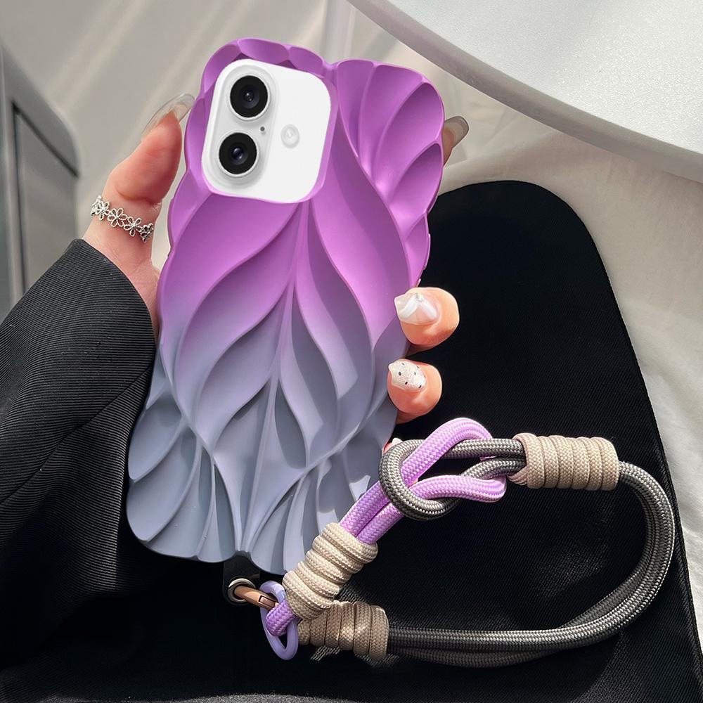 Compatible with iPhone 18 Thickened 3D Leaf Pattern Two-Color Oil-Sprayed TPU Phone Case with Strap - Purple Grey