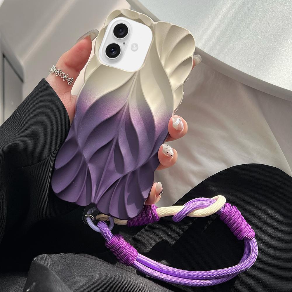 Compatible with iPhone 18 Thickened 3D Leaf Pattern Two-Color Oil-Sprayed TPU Phone Case with Strap - Purple Gold