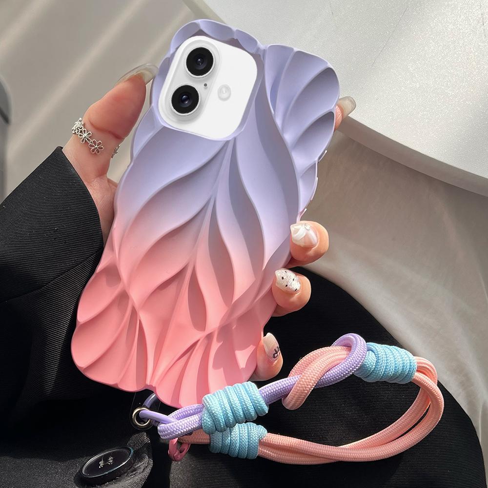 Compatible with iPhone 18 Thickened 3D Leaf Pattern Two-Color Oil-Sprayed TPU Phone Case with Strap - Purple Pink
