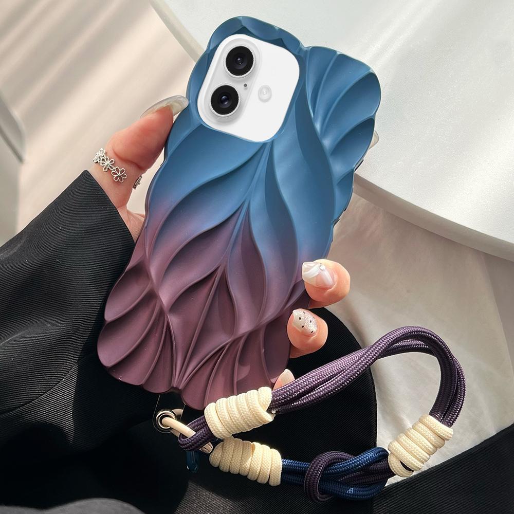 Compatible with iPhone 18 Thickened 3D Leaf Pattern Two-Color Oil-Sprayed TPU Phone Case with Strap - Blue Wine Red
