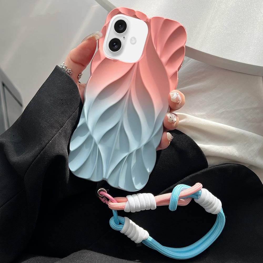 Compatible with iPhone 18 Thickened 3D Leaf Pattern Two-Color Oil-Sprayed TPU Phone Case with Strap - Pink Blue