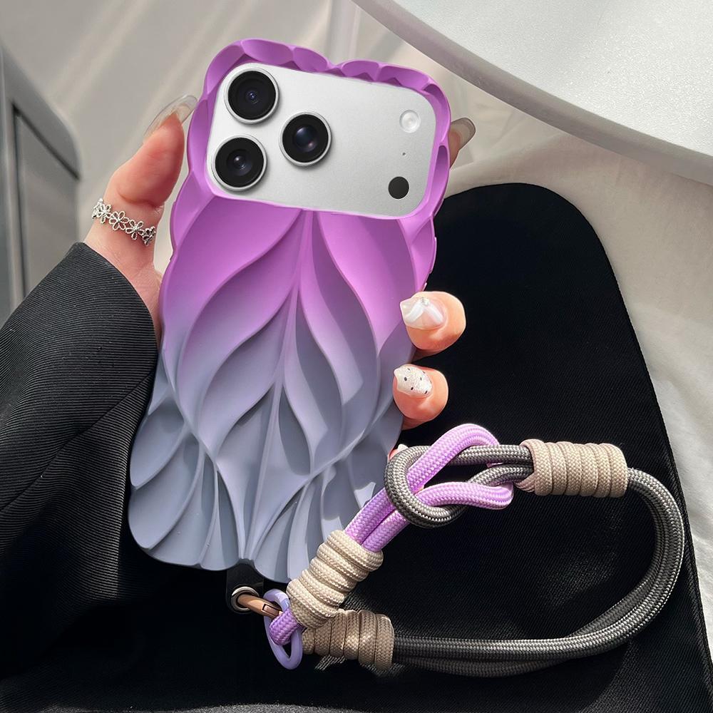 Compatible with iPhone 18 Pro Thickened 3D Leaf Pattern Two-Color Oil-Sprayed TPU Phone Case with Strap - Purple Grey
