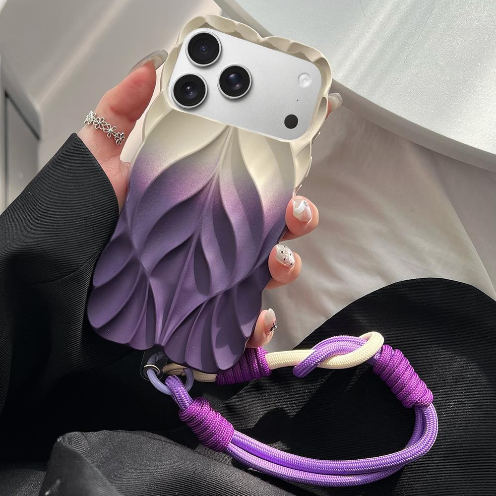 Compatible with iPhone 18 Pro Thickened 3D Leaf Pattern Two-Color Oil-Sprayed TPU Phone Case with Strap - Purple Gold