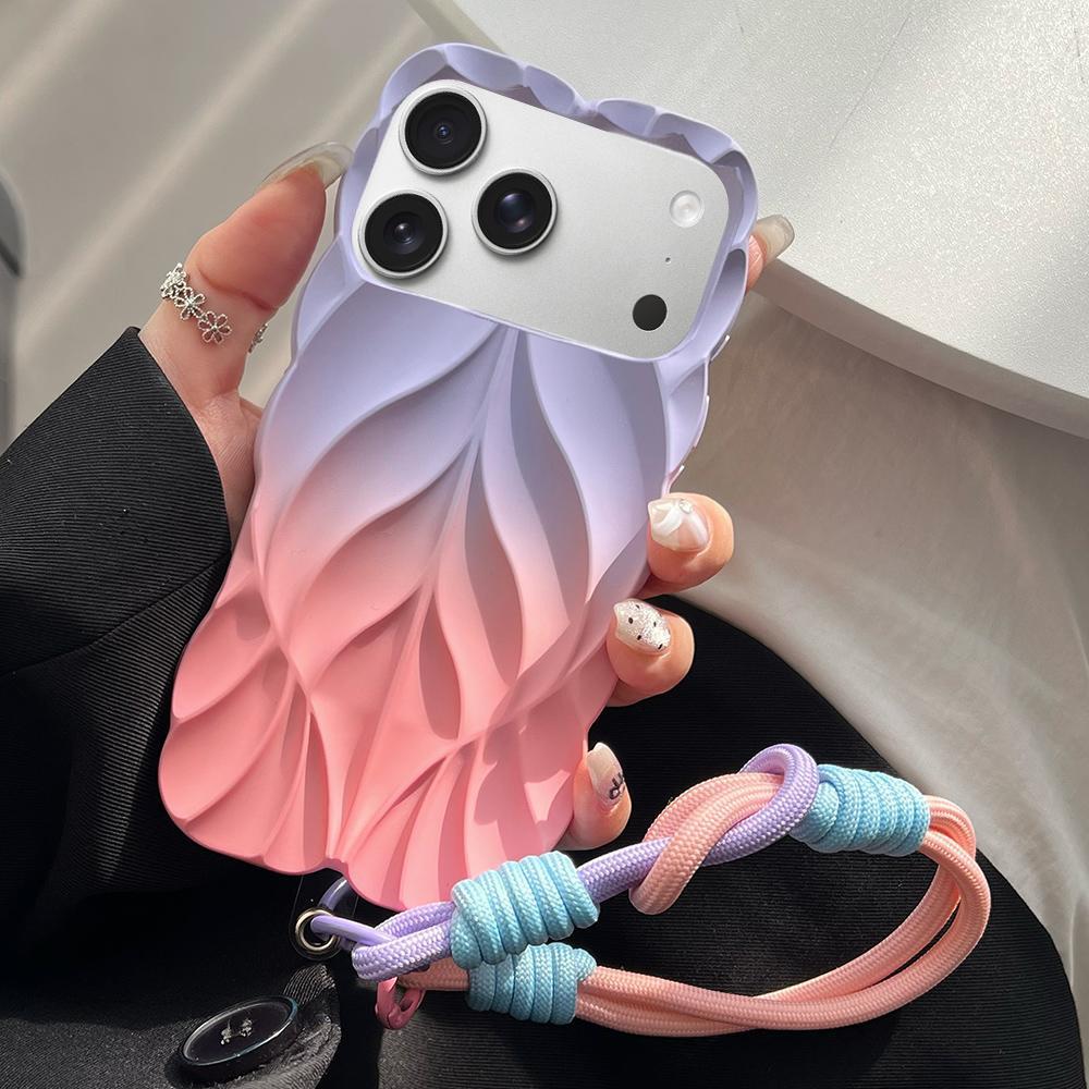 Compatible with iPhone 18 Pro Thickened 3D Leaf Pattern Two-Color Oil-Sprayed TPU Phone Case with Strap - Purple Pink