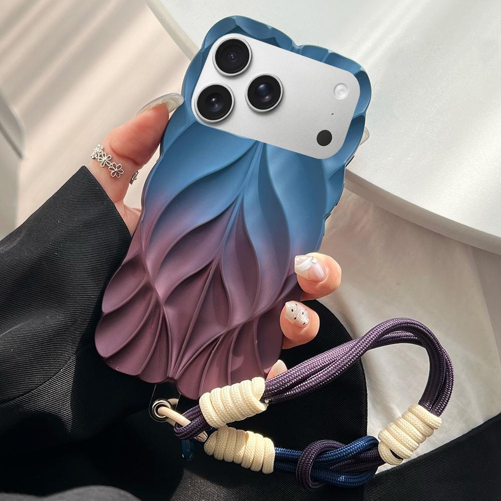 Compatible with iPhone 18 Pro Thickened 3D Leaf Pattern Two-Color Oil-Sprayed TPU Phone Case with Strap - Blue Wine Red