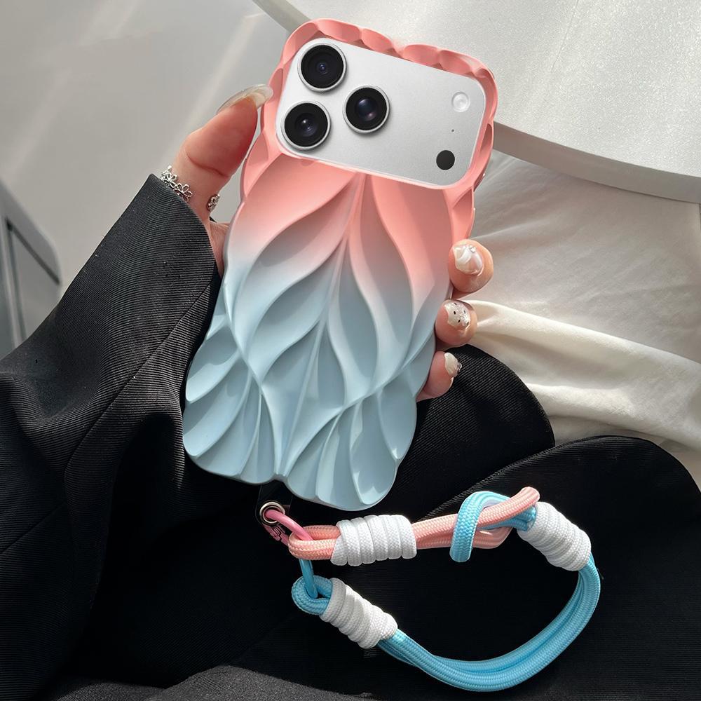 Compatible with iPhone 18 Pro Thickened 3D Leaf Pattern Two-Color Oil-Sprayed TPU Phone Case with Strap - Pink Blue