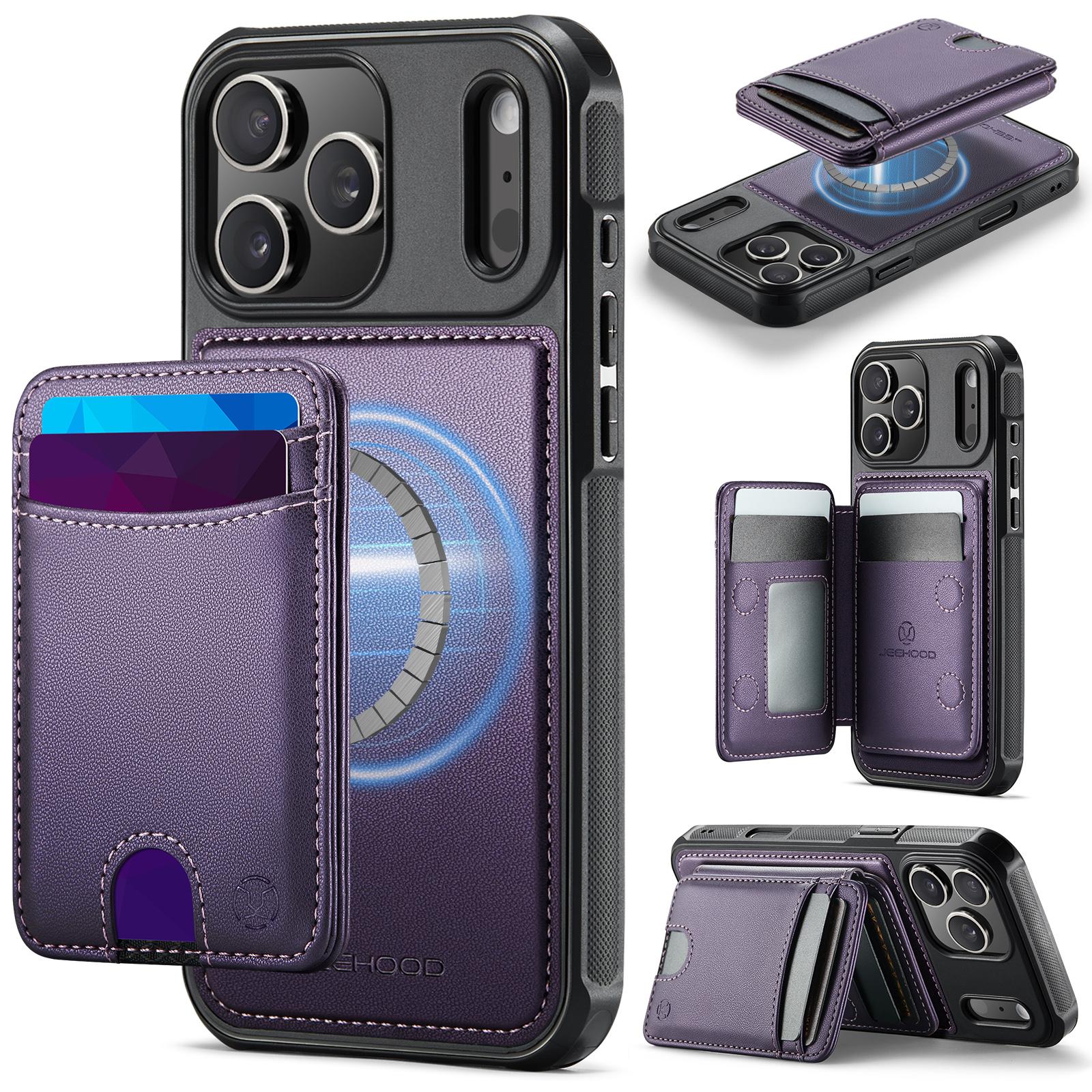 Compatible with iPhone 18 Pro JEEHOOD J10 Flip Card Bag MagSafe Split RFID Leather Phone Case - Purple