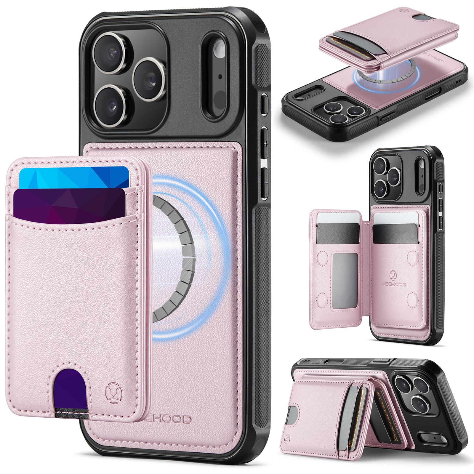 Compatible with iPhone 18 Pro JEEHOOD J10 Flip Card Bag MagSafe Split RFID Leather Phone Case - Pink