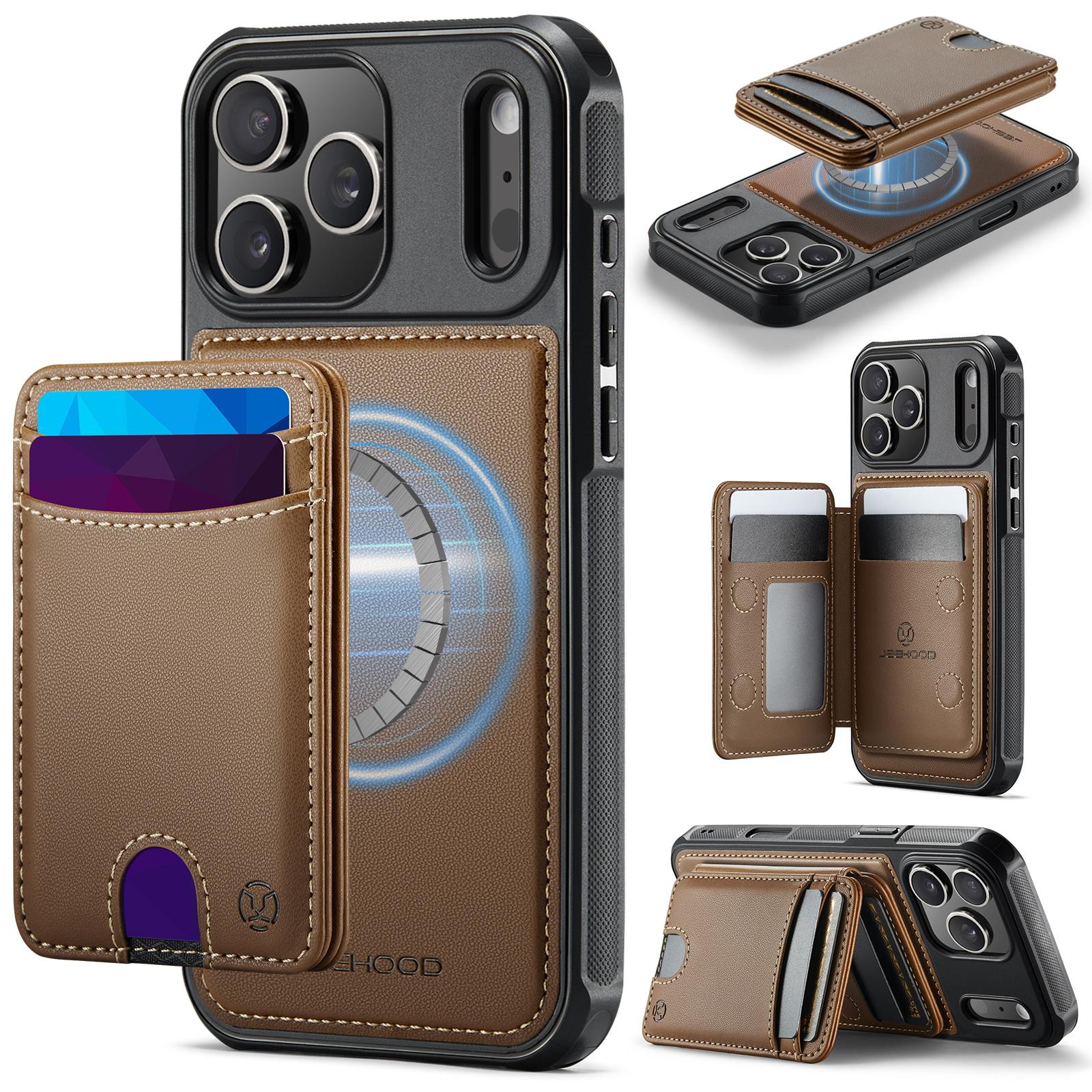 Compatible with iPhone 18 Pro JEEHOOD J10 Flip Card Bag MagSafe Split RFID Leather Phone Case - Brown