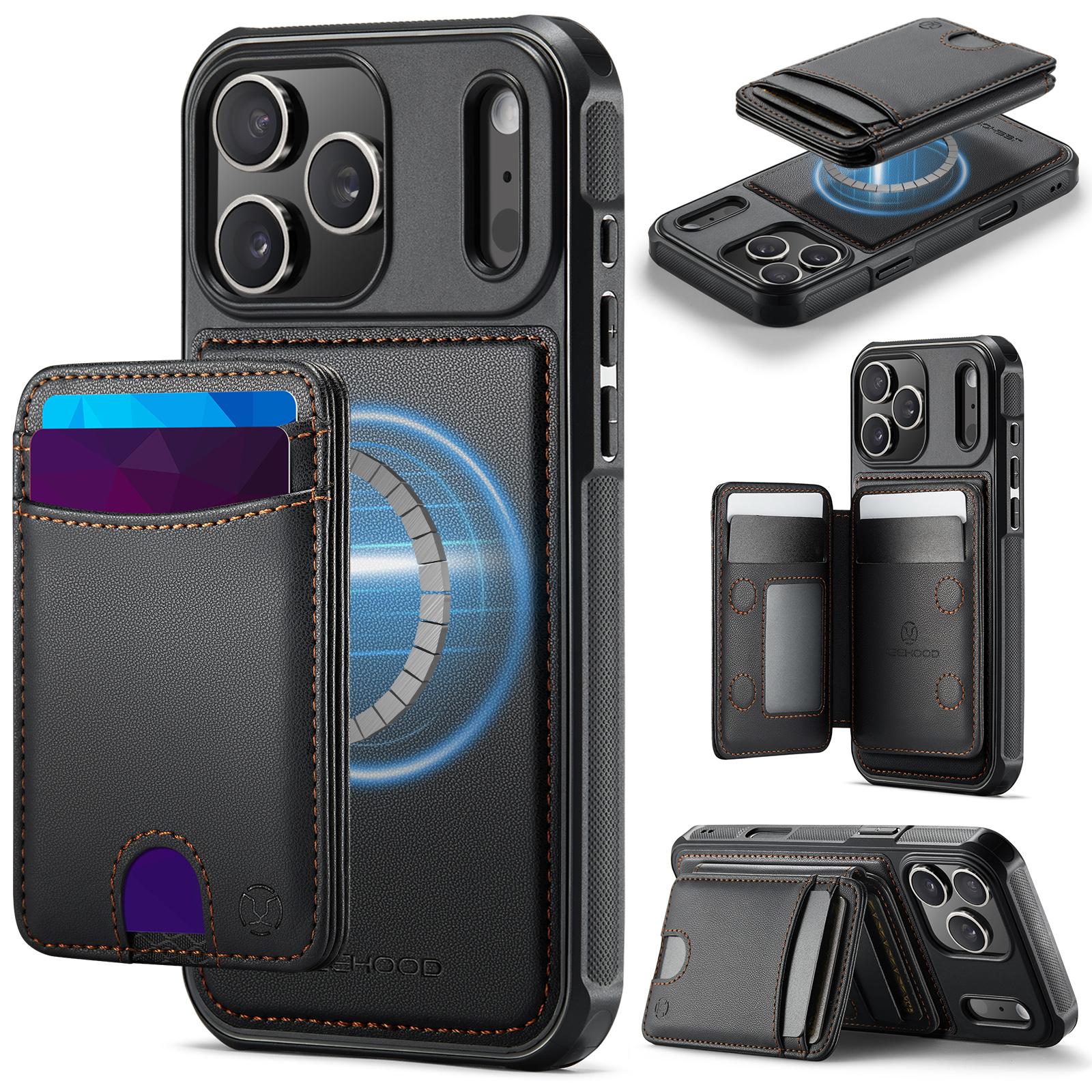 Compatible with iPhone 18 Pro JEEHOOD J10 Flip Card Bag MagSafe Split RFID Leather Phone Case - Black