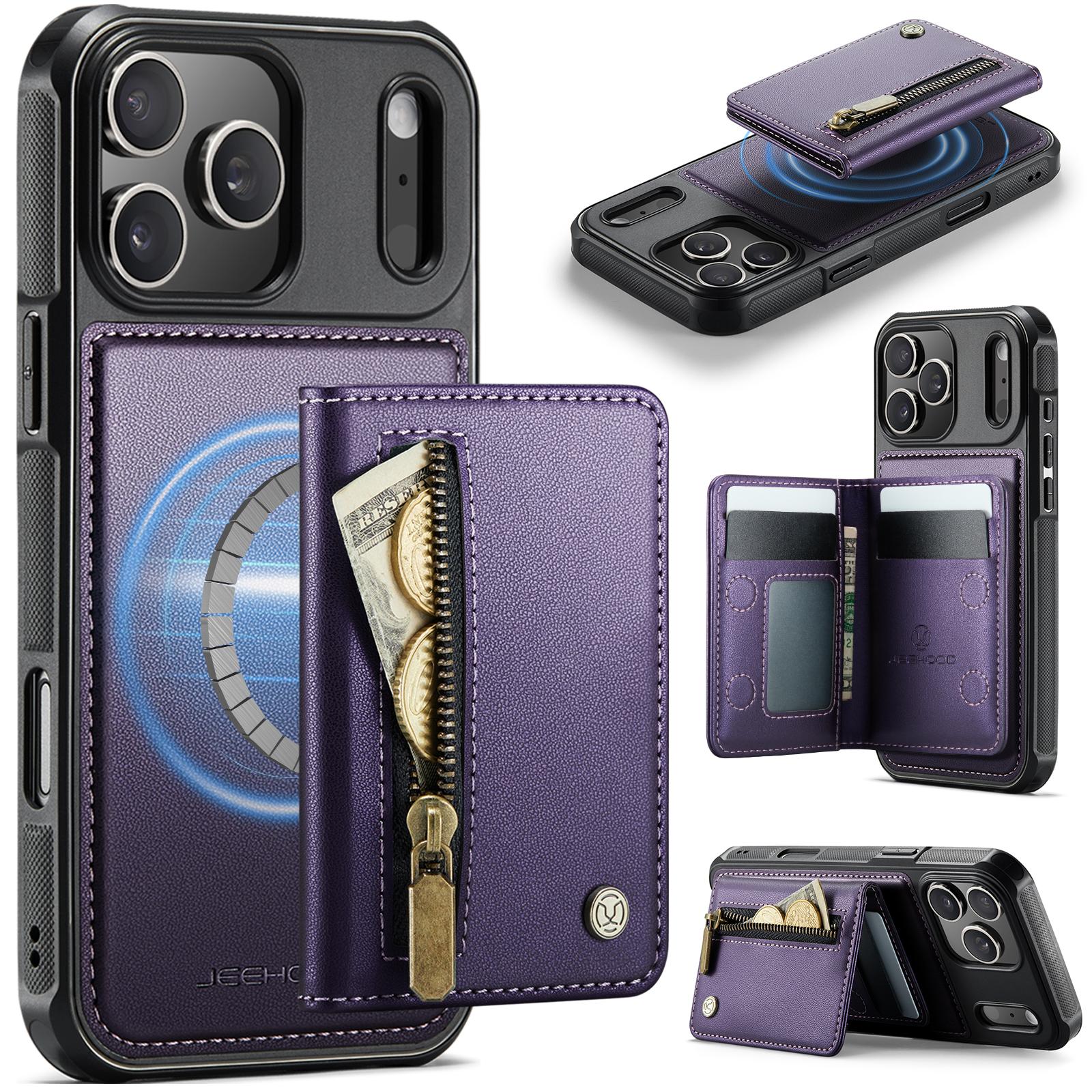 Compatible with iPhone 18 Pro JEEHOOD J12 Exquisite RFID MagSafe Zipper Card Bag Phone Case - Purple
