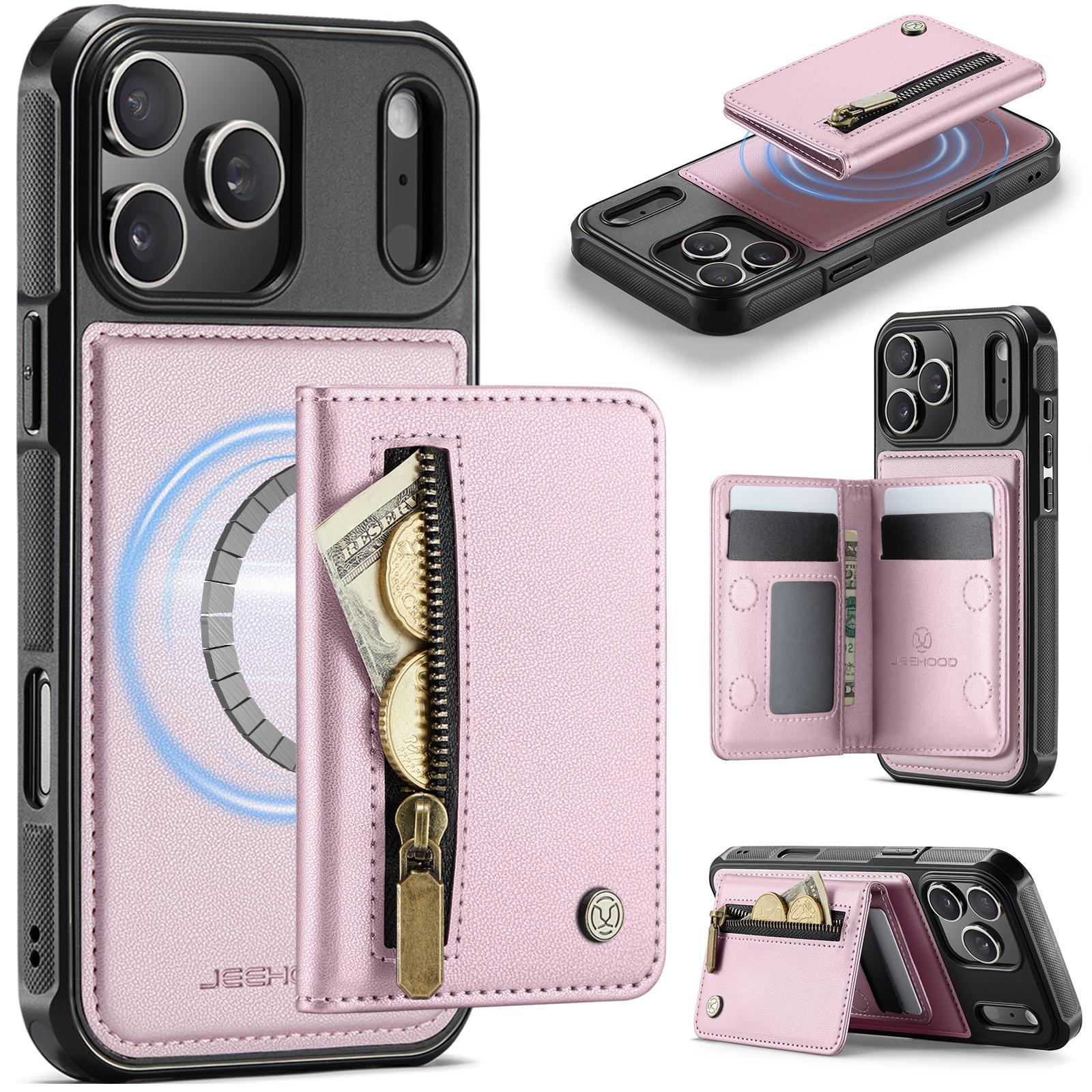 Compatible with iPhone 18 Pro JEEHOOD J12 Exquisite RFID MagSafe Zipper Card Bag Phone Case - Pink