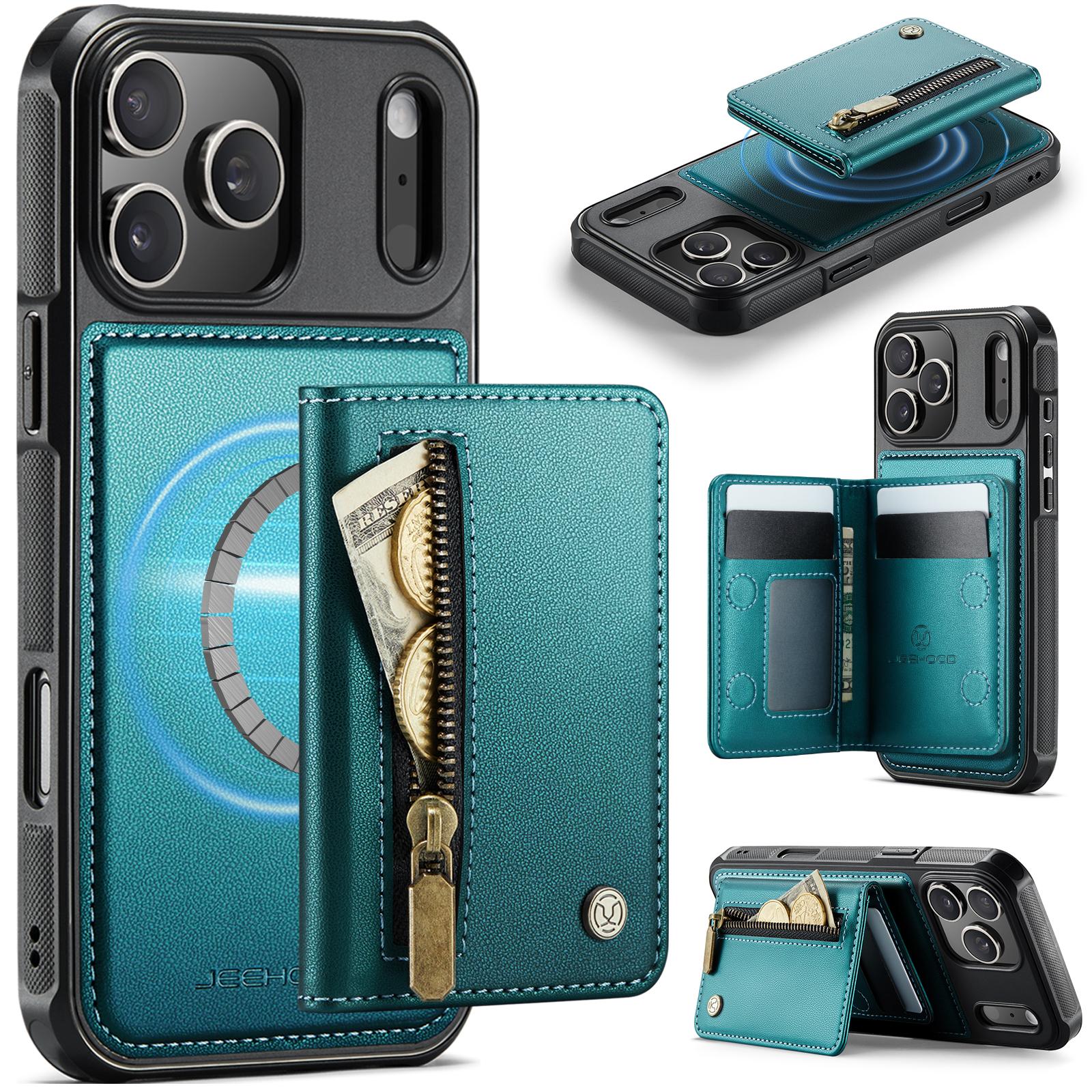 Compatible with iPhone 18 Pro JEEHOOD J12 Exquisite RFID MagSafe Zipper Card Bag Phone Case - Green