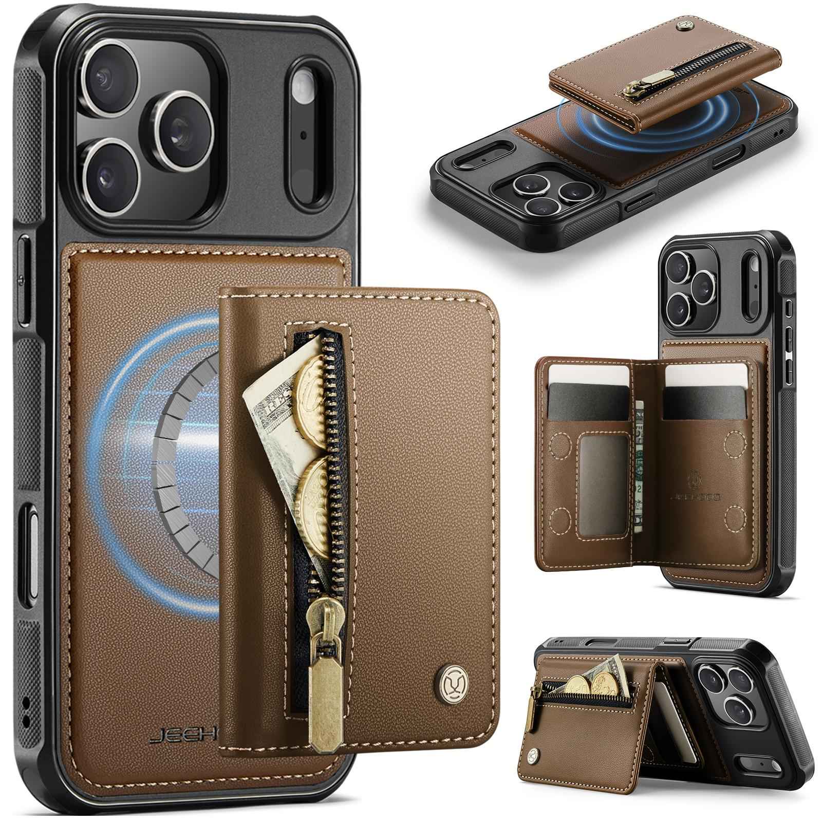 Compatible with iPhone 18 Pro JEEHOOD J12 Exquisite RFID MagSafe Zipper Card Bag Phone Case - Brown