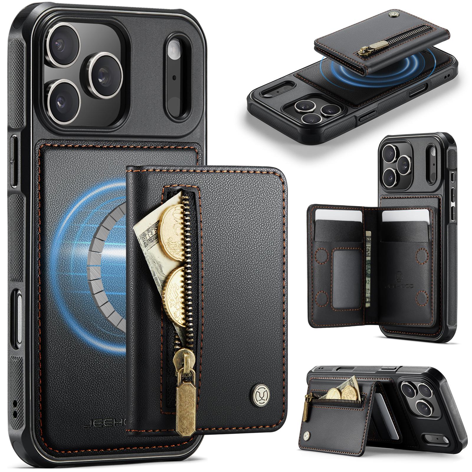 Compatible with iPhone 18 Pro JEEHOOD J12 Exquisite RFID MagSafe Zipper Card Bag Phone Case - Black