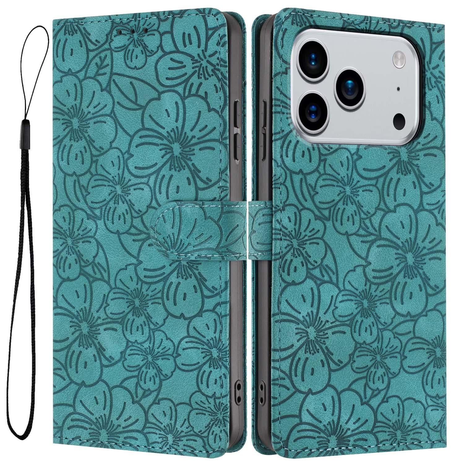 Compatible with iPhone 18 Pro Cherry Blossoms Embossed Leather Phone Case - Green