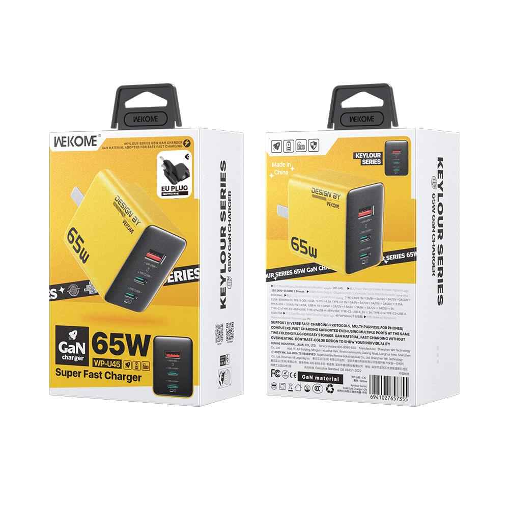 Uniqbuy For WK WP-U45 Keylour 65W Type-Cx2, USB GaN Charger, Plug:EU Plug(Yellow)