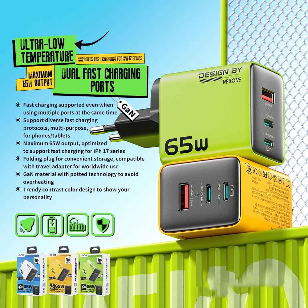 Uniqbuy For WK WP-U45 Keylour 65W Type-Cx2, USB GaN Charger, Plug:EU Plug(Yellow)