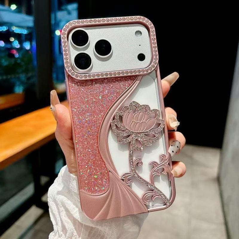 Compatible with iPhone 18 Pro Electroplated TPU Lotus Hollow-carved Rhinestone Glitter Phone Case - Pink