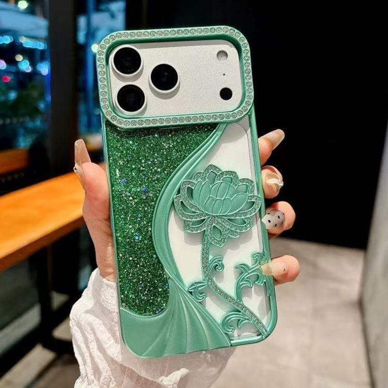 Compatible with iPhone 18 Pro Electroplated TPU Lotus Hollow-carved Rhinestone Glitter Phone Case - Green