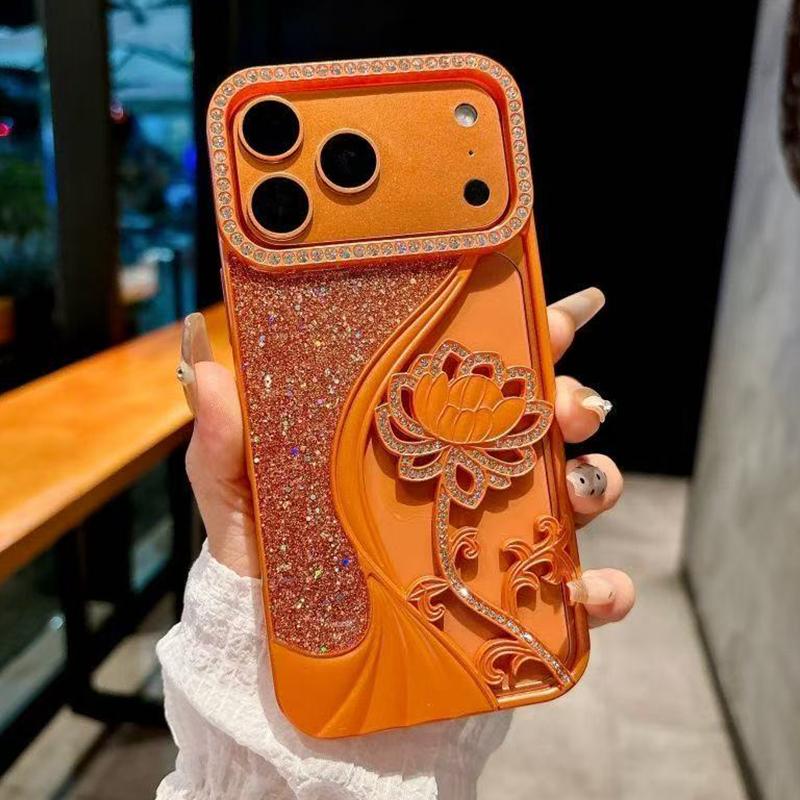 Compatible with iPhone 18 Pro Electroplated TPU Lotus Hollow-carved Rhinestone Glitter Phone Case - Orange