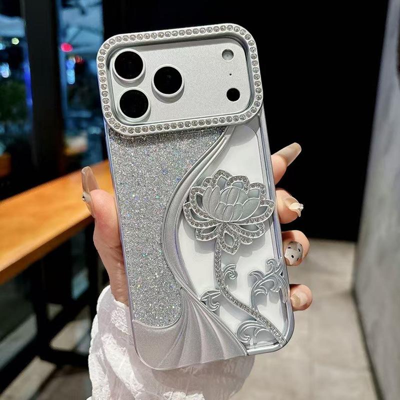 Compatible with iPhone 18 Pro Electroplated TPU Lotus Hollow-carved Rhinestone Glitter Phone Case - Silver