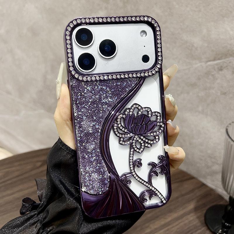 Compatible with iPhone 18 Pro Electroplated TPU Lotus Hollow-carved Rhinestone Glitter Phone Case - Purple