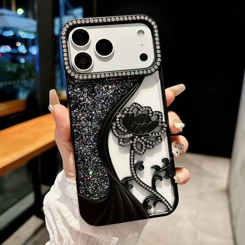 Compatible with iPhone 18 Pro Electroplated TPU Lotus Hollow-carved Rhinestone Glitter Phone Case - Black