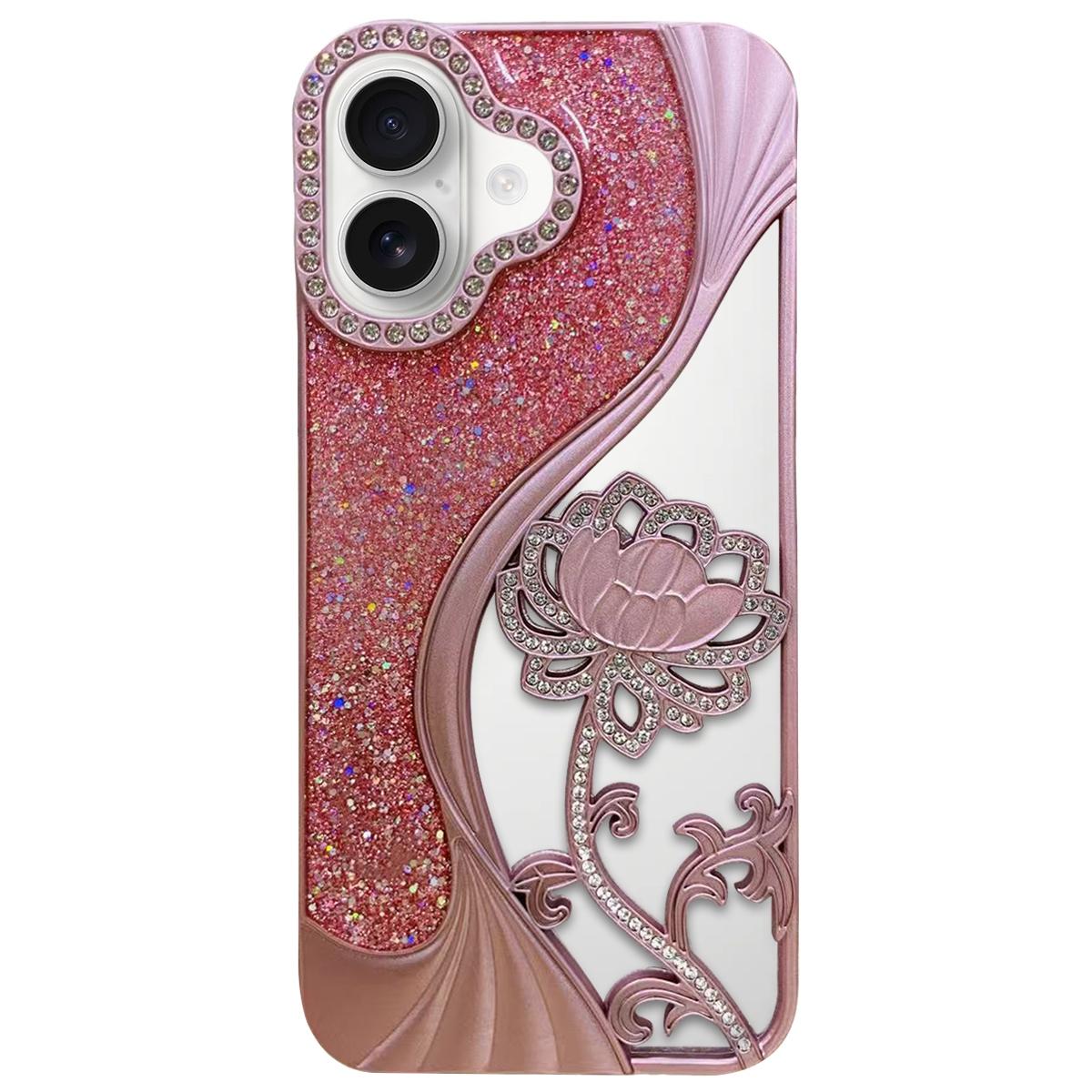 Compatible with iPhone 18 Electroplated TPU Lotus Hollow-carved Rhinestone Glitter Phone Case - Pink